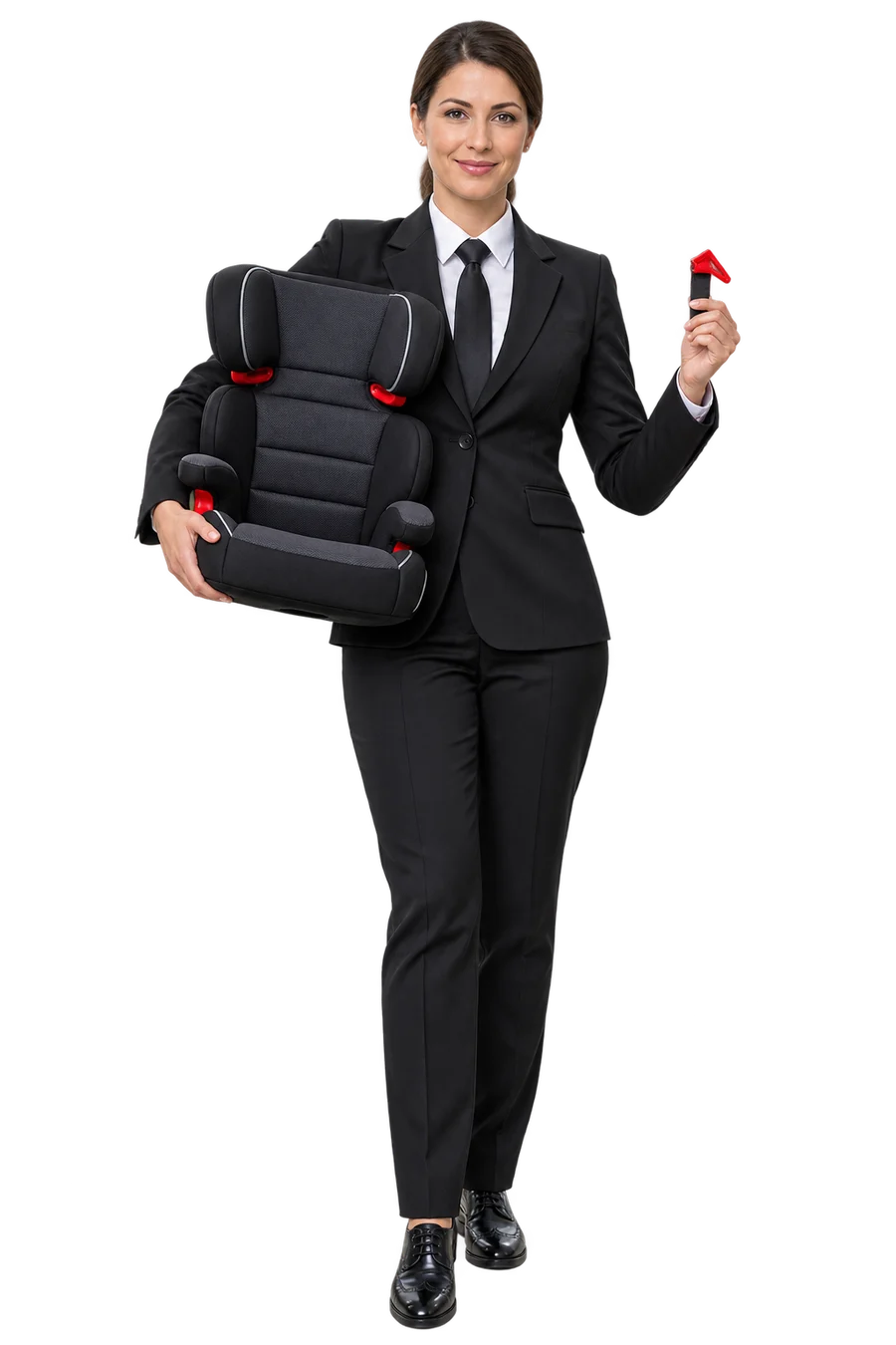 A chauffeur fitting a booster seat before collection
