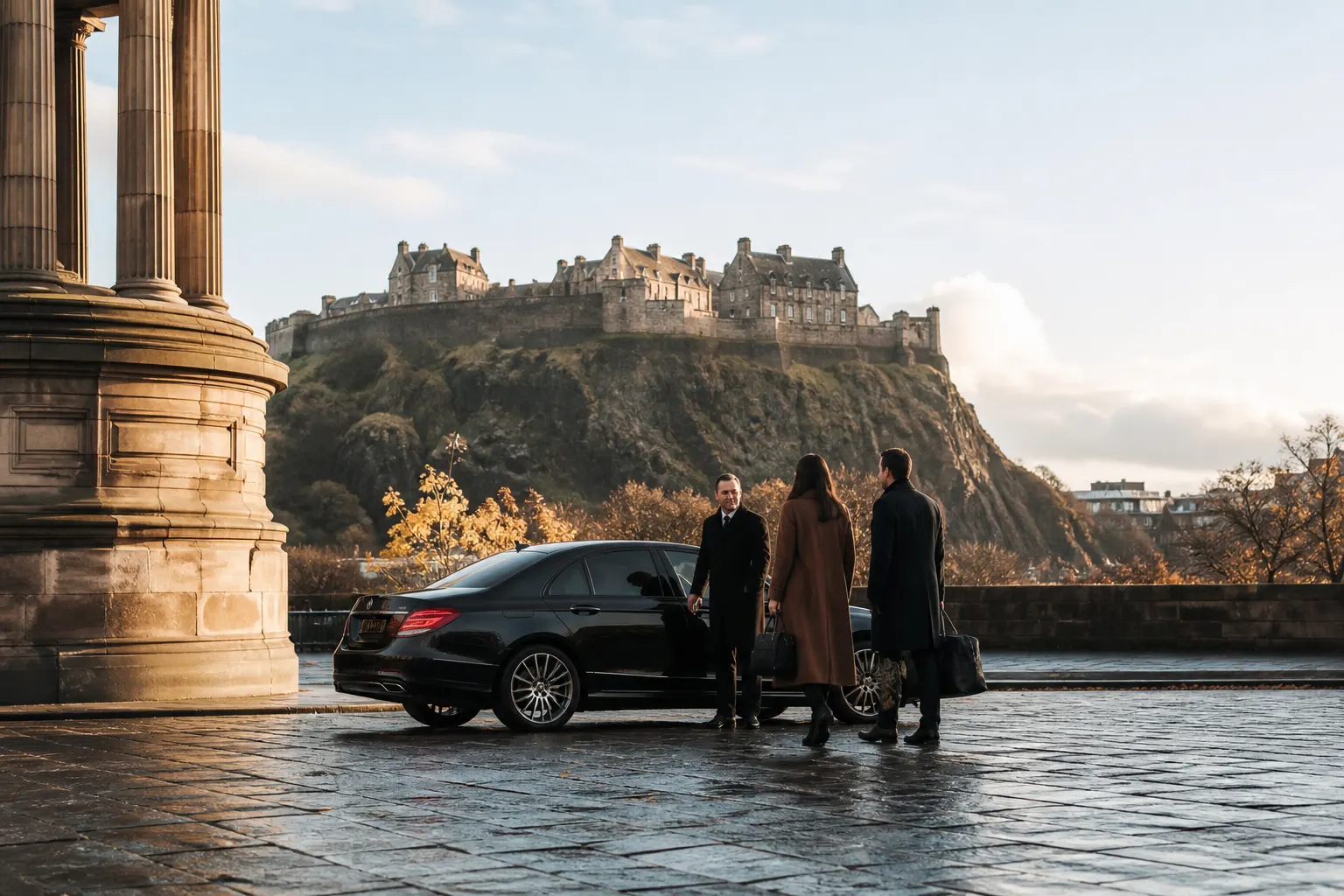 A chauffeur car on a city street several hundred miles from the London base