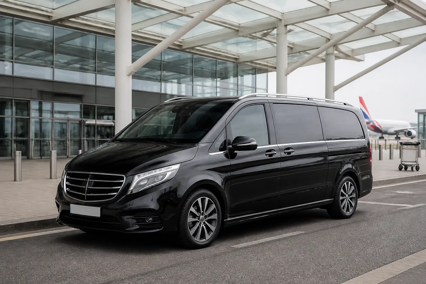 An executive van standing at an airport terminal