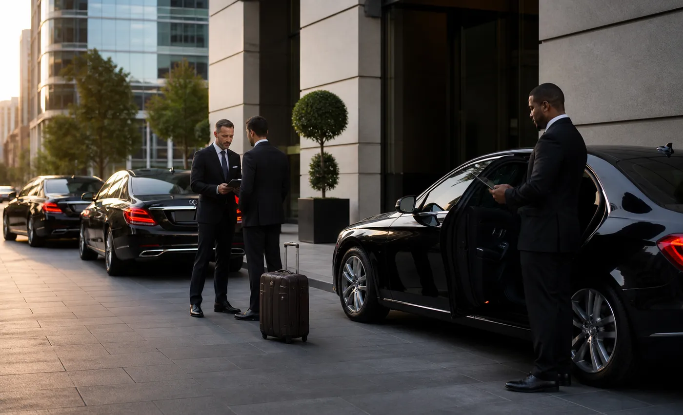 Executive cars lined up in running order before the first job of the day