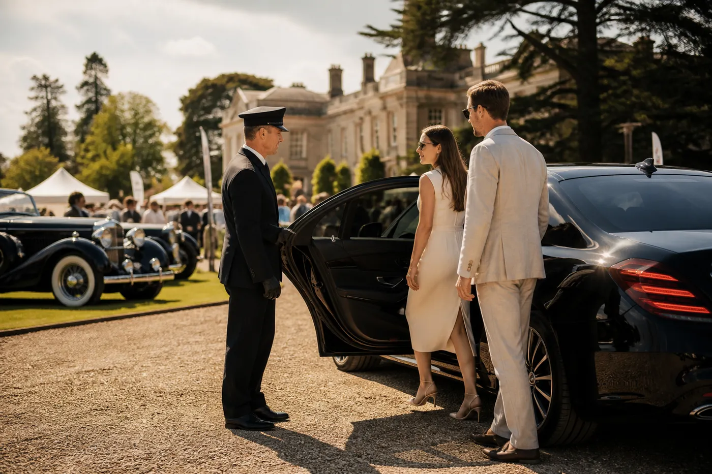 Cars staged at the entrance to a motoring event — illustrative of the Signature class rather than a specific car