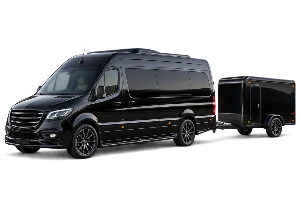 A van with a luggage trailer for a party’s full baggage — illustrative of the Platinum SUV class rather than a specific car