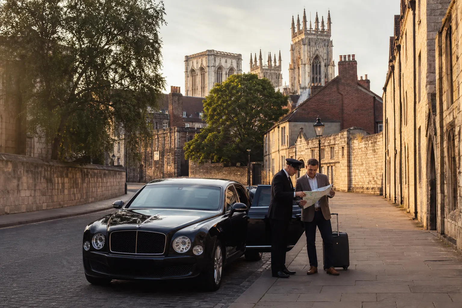 A chauffeur car waiting on a heritage city street between stops on a touring day